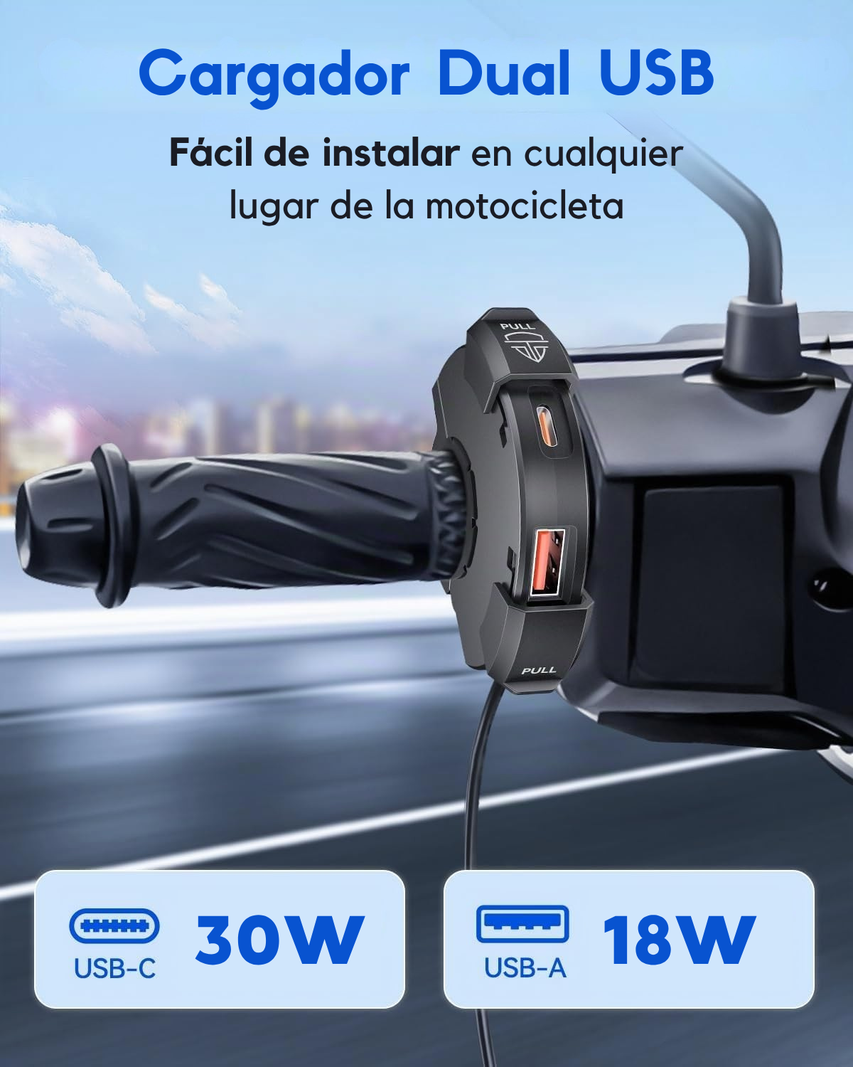 Cargador dual USB/C para moto